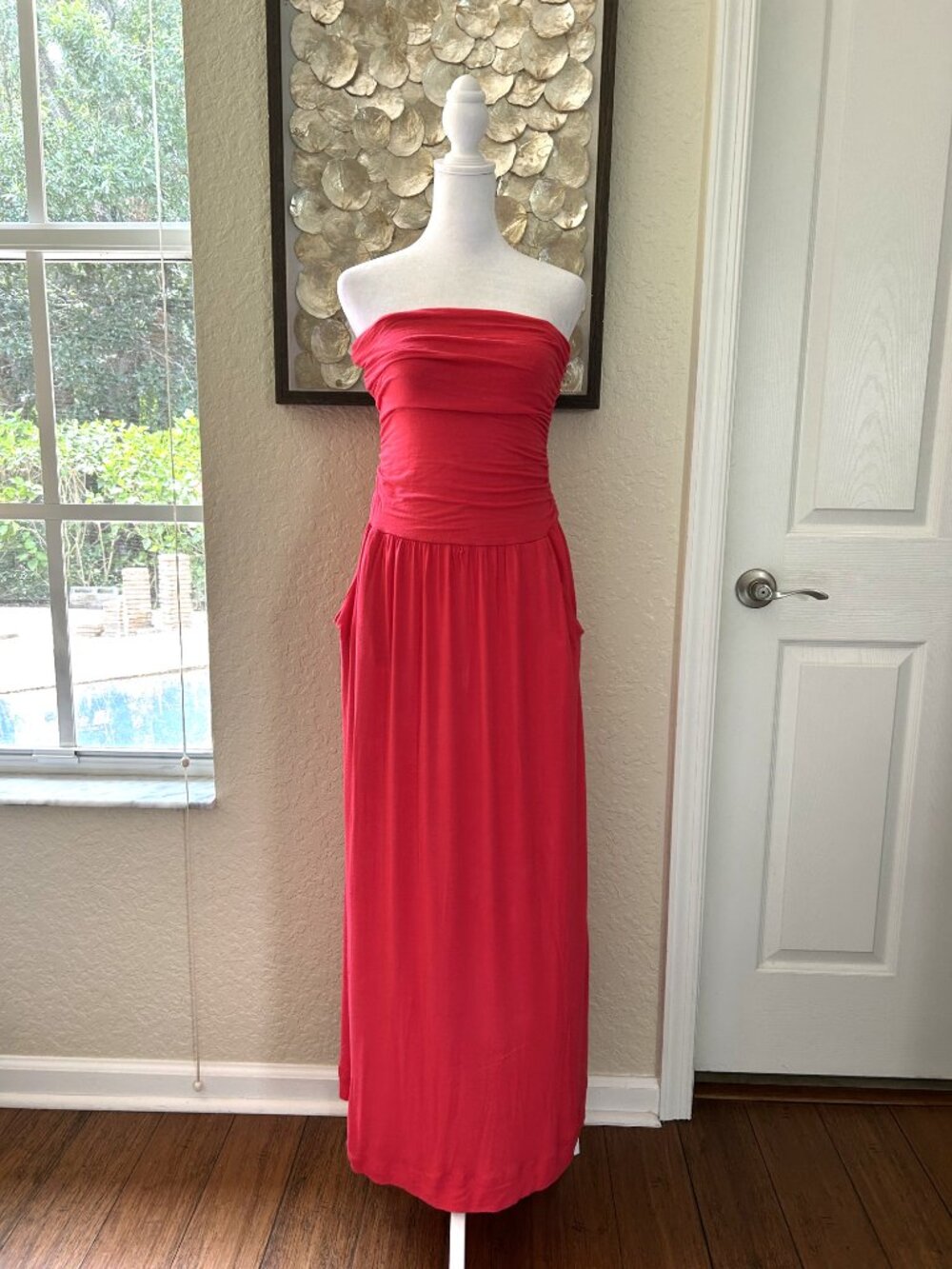 Strapless Coral Bandeau Maxi Dress